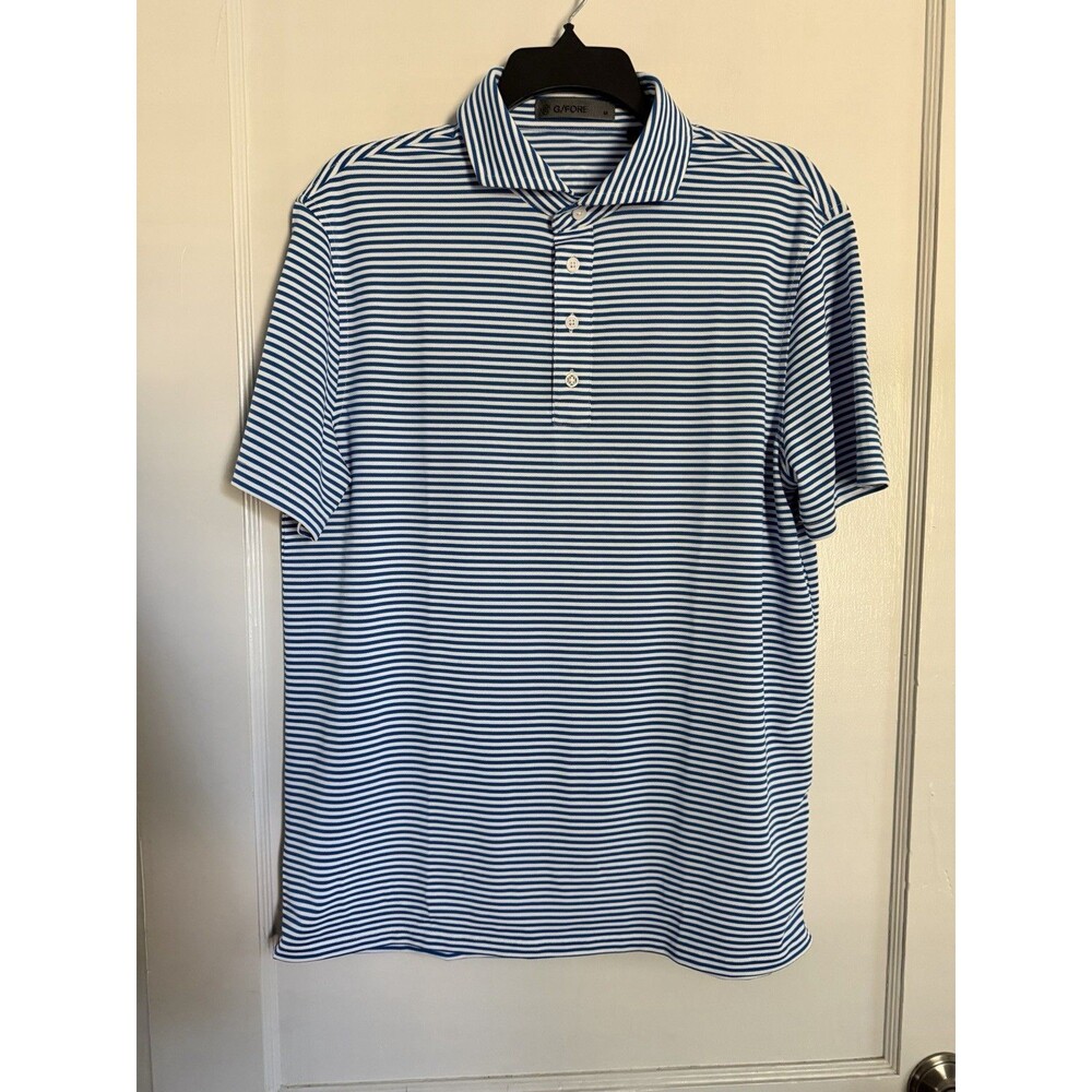 G/FORE Mens Golf Polo Shirt Medium Blue White Striped Short Sleeve Performance